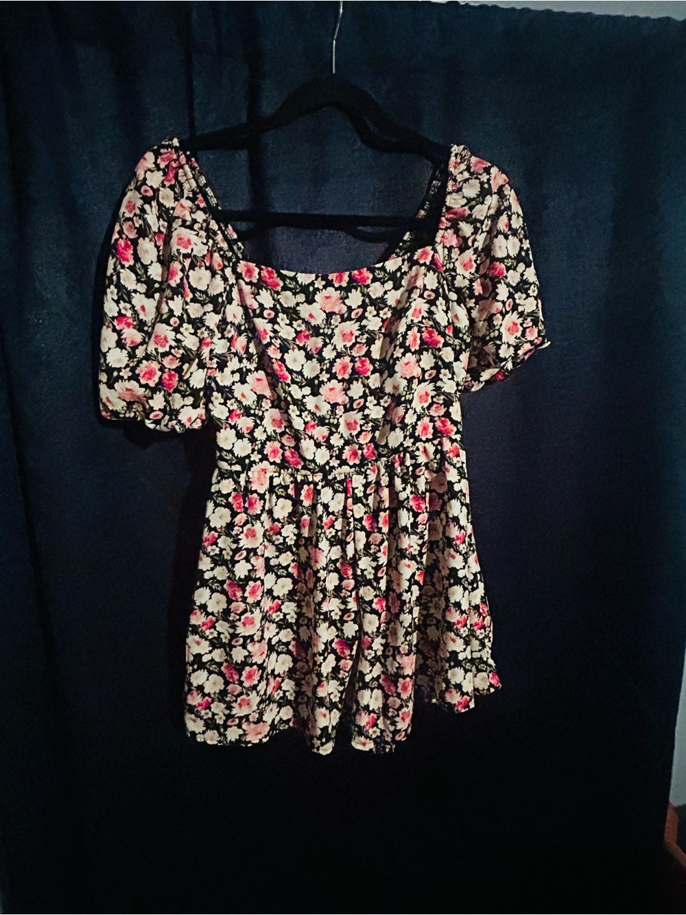 Trixxi Black Floral Square-Neck Puff Sleeve Tunic with Pink & Cream Flowers